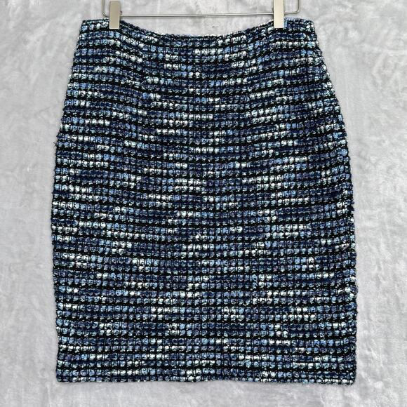 St John Skirt Womens 8 Blue Black Tweed Boucle Knit Wool Blend Classic Stretch - Picture 2 of 14